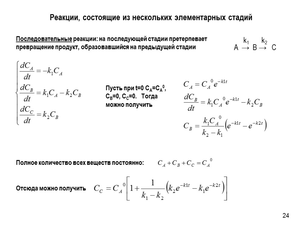 24 Реакции, состоящие из нескольких элементарных стадий Пусть при t=0 CA=CA0, CB=0, CC=0. Тогда